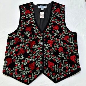 VTG Chrysantheme Velvet Embroidered Vest M Black Red Floral Boho Cottagecore NWT